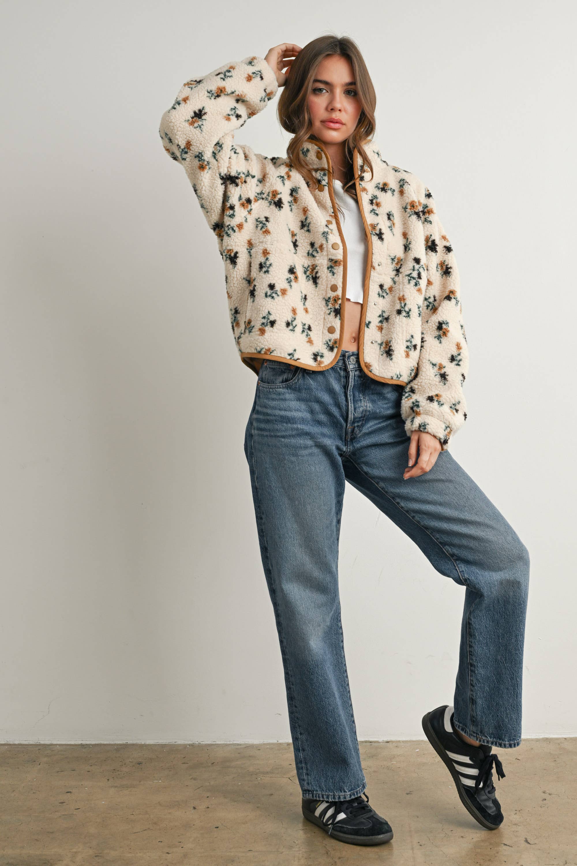 floral sherpa jacket, women's sherpa jacket, ivory fleece jacket, floral fleece jacket, women's fall jacket, cozy fall jacket, snap front sherpa jacket, printed sherpa jacket, women's boutique outerwear