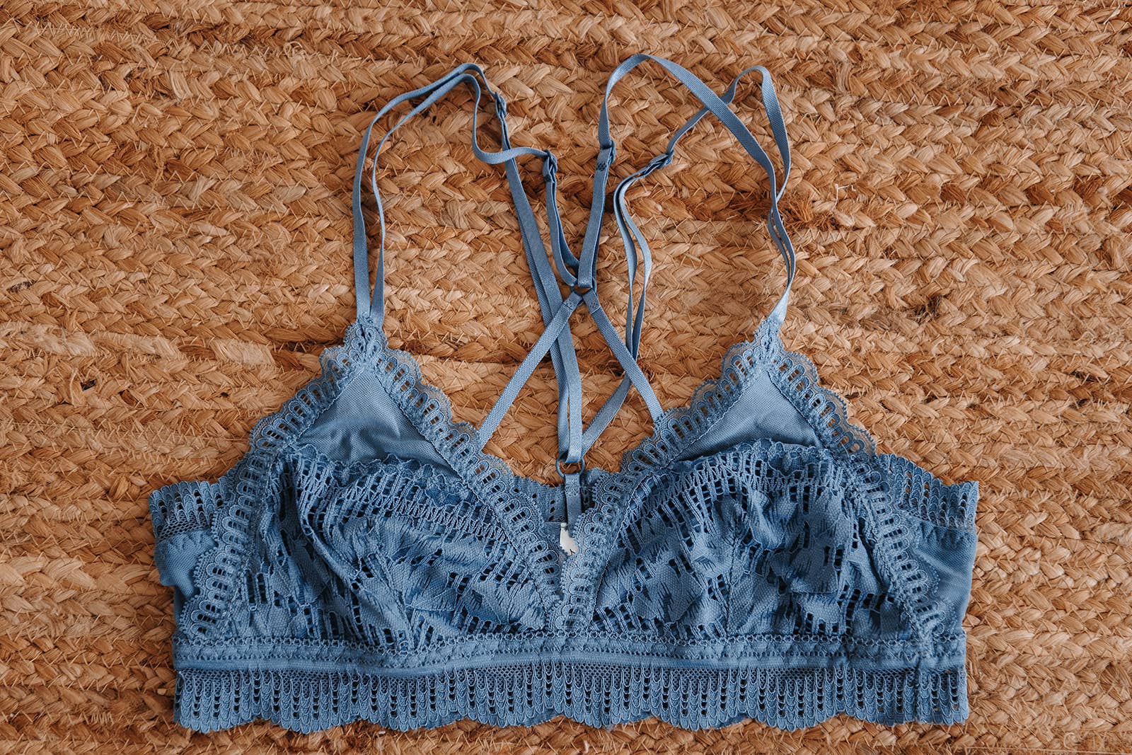 blue lace bralette, smoky blue bralette, lace triangle bralette, adjustable strap bralette, strappy back bralette, layering bralette, women's lace bralette, comfortable lace bralette, boutique bralette, cute bralette for low back tops, fall layering essentials, west of may boutique
