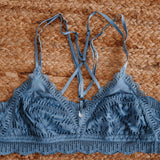 blue lace bralette, smoky blue bralette, lace triangle bralette, adjustable strap bralette, strappy back bralette, layering bralette, women's lace bralette, comfortable lace bralette, boutique bralette, cute bralette for low back tops, fall layering essentials, west of may boutique