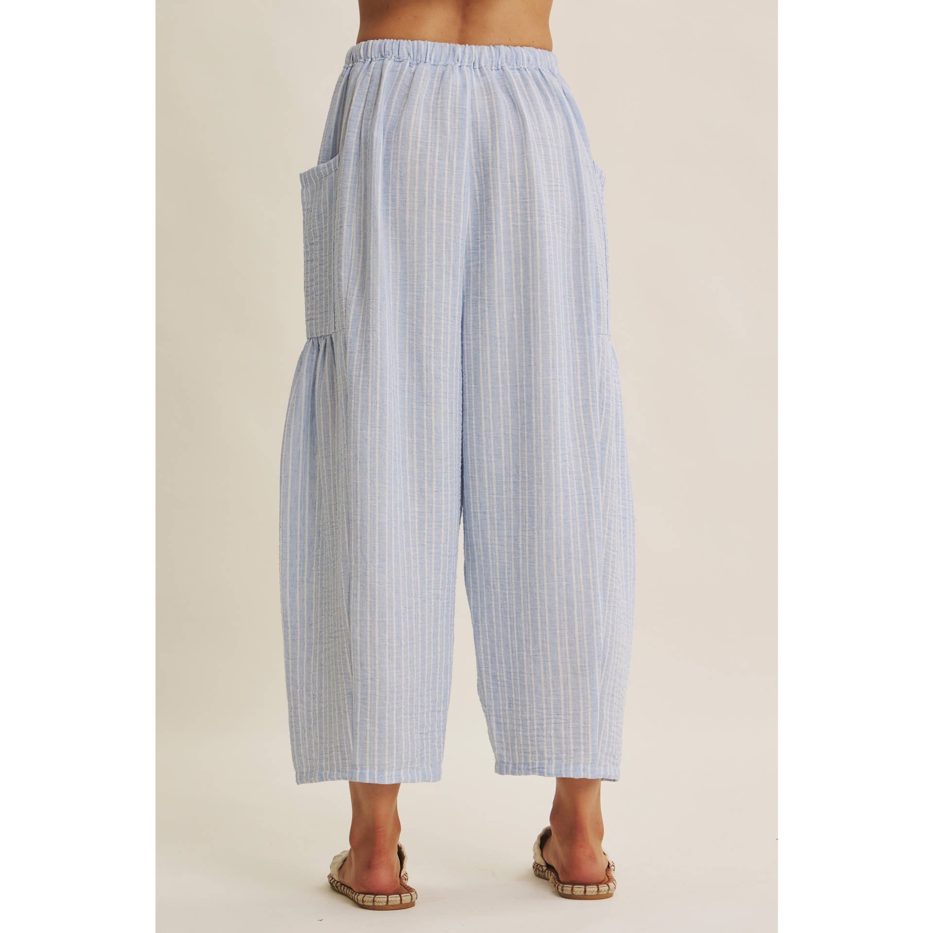 blue striped wide leg pants
coastal summer pants women
lightweight vacation pants
relaxed striped lounge pants
elastic waist wide leg pants
resort wear boutique pants
beach vacation outfit women
casual coastal style pants
striped summer trousers women
west of may spritz collection