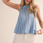 blue pointelle sweater tank
sleeveless knit tank women
lightweight sweater knit tank
round neck summer knit top
soft blue sleeveless sweater top
pointelle knit summer tank
women’s swing knit tank
coastal summer knit top
elevated casual summer top
summer spritz collection top
