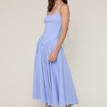 blue striped midi dress
pale blue summer dress
americana summer outfit
southern summer style
fit and flare midi dress
striped sundress for women
classic americana fashion
fourth of july outfit women
feminine summer midi dress
coastal countryside style
adjustable strap midi dress
blue and white striped dress
casual summer boutique dress
nostalgic summer fashion
east tennessee boutique clothing
summer picnic dress
farmhouse summer outfit
lightweight summer midi dress
romantic summer dress
countryside summer a