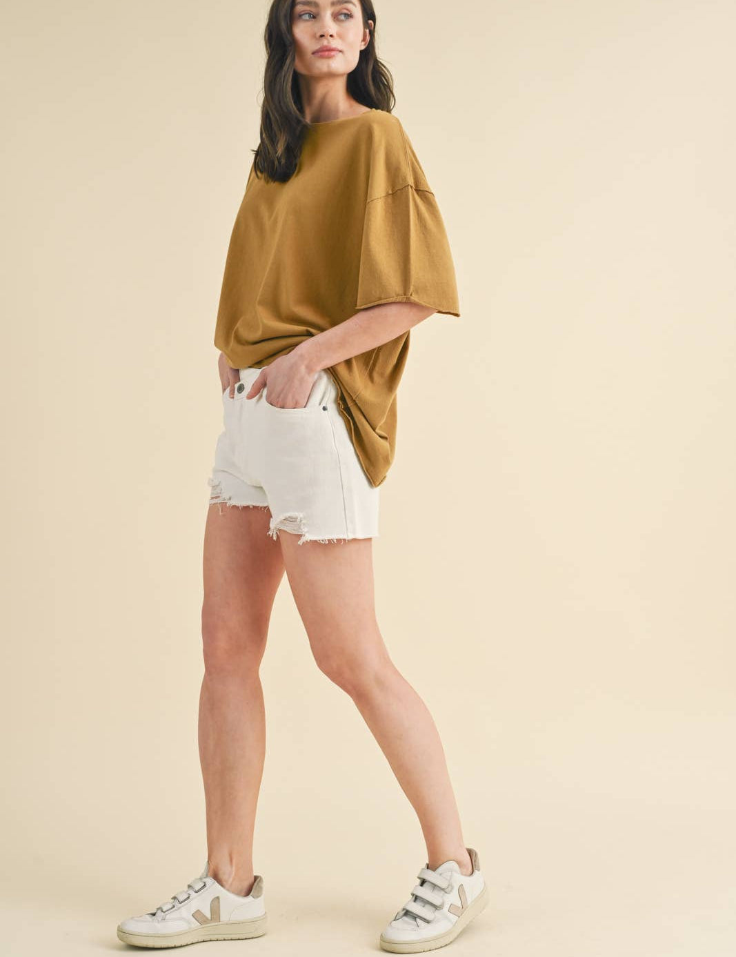 oversized cotton t shirt, raw hem tee, relaxed fit t shirt, mustard oversized tee, everyday cotton shirt, loose fit basic tee, casual summer t shirt, women's oversized crew neck tee, comfortable cotton basic, boyfriend fit t shirt
