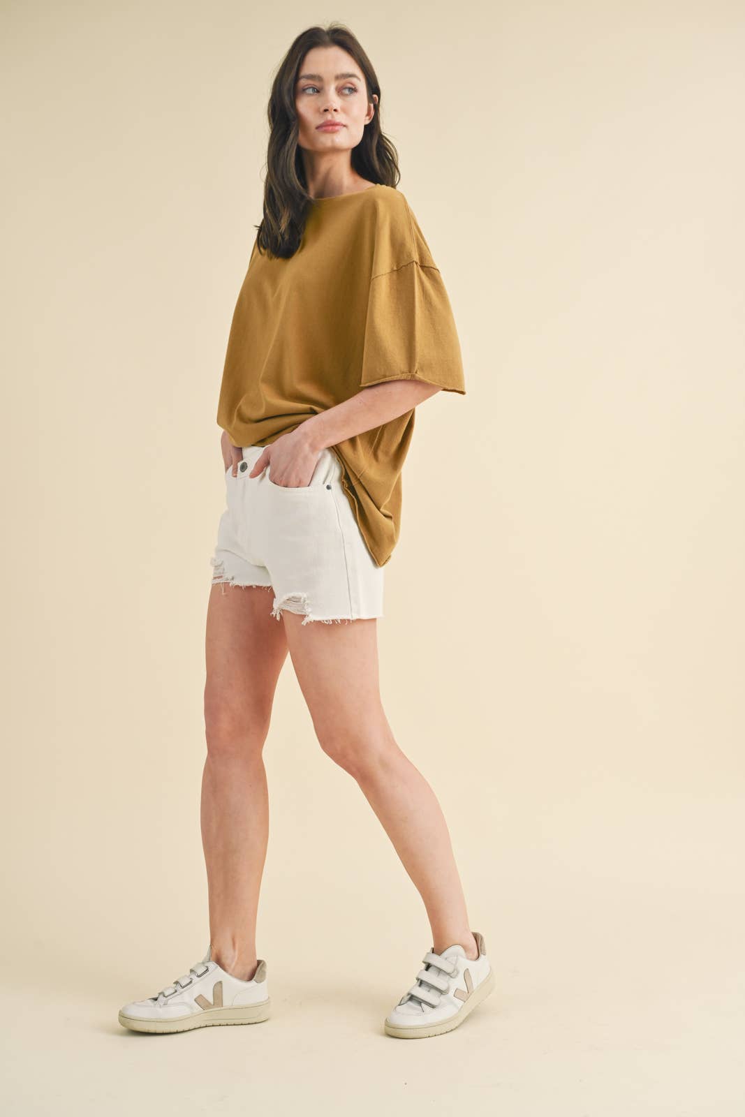 oversized cotton t shirt, raw hem tee, relaxed fit t shirt, mustard oversized tee, everyday cotton shirt, loose fit basic tee, casual summer t shirt, women's oversized crew neck tee, comfortable cotton basic, boyfriend fit t shirt