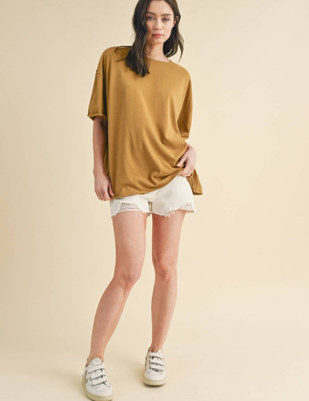 oversized cotton t shirt, raw hem tee, relaxed fit t shirt, mustard oversized tee, everyday cotton shirt, loose fit basic tee, casual summer t shirt, women's oversized crew neck tee, comfortable cotton basic, boyfriend fit t shirt