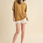 oversized cotton t shirt, raw hem tee, relaxed fit t shirt, mustard oversized tee, everyday cotton shirt, loose fit basic tee, casual summer t shirt, women's oversized crew neck tee, comfortable cotton basic, boyfriend fit t shirt