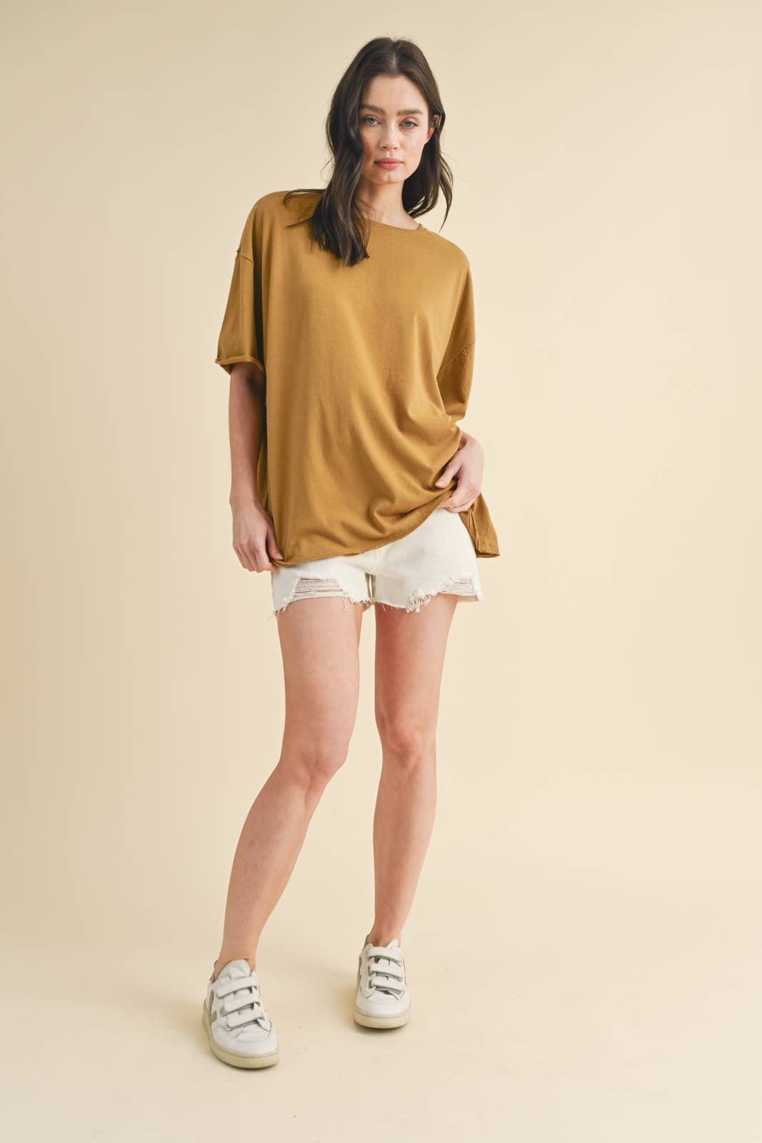 oversized cotton t shirt, raw hem tee, relaxed fit t shirt, mustard oversized tee, everyday cotton shirt, loose fit basic tee, casual summer t shirt, women's oversized crew neck tee, comfortable cotton basic, boyfriend fit t shirt
