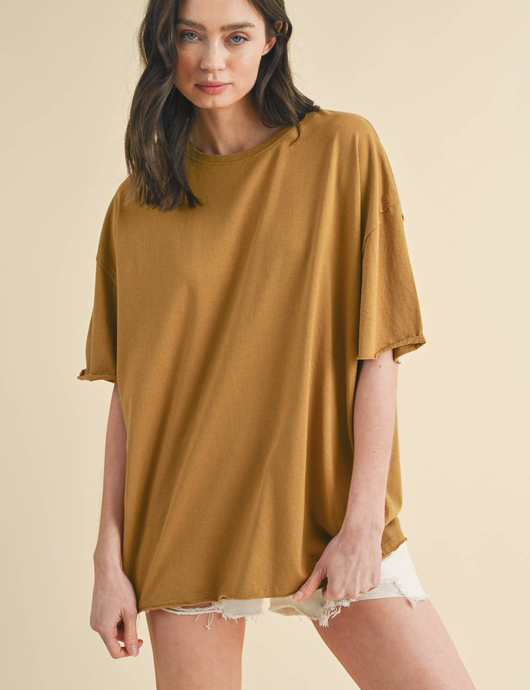 oversized cotton t shirt, raw hem tee, relaxed fit t shirt, mustard oversized tee, everyday cotton shirt, loose fit basic tee, casual summer t shirt, women's oversized crew neck tee, comfortable cotton basic, boyfriend fit t shirt