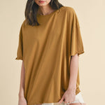 oversized cotton t shirt, raw hem tee, relaxed fit t shirt, mustard oversized tee, everyday cotton shirt, loose fit basic tee, casual summer t shirt, women's oversized crew neck tee, comfortable cotton basic, boyfriend fit t shirt