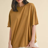oversized cotton t shirt, raw hem tee, relaxed fit t shirt, mustard oversized tee, everyday cotton shirt, loose fit basic tee, casual summer t shirt, women's oversized crew neck tee, comfortable cotton basic, boyfriend fit t shirt