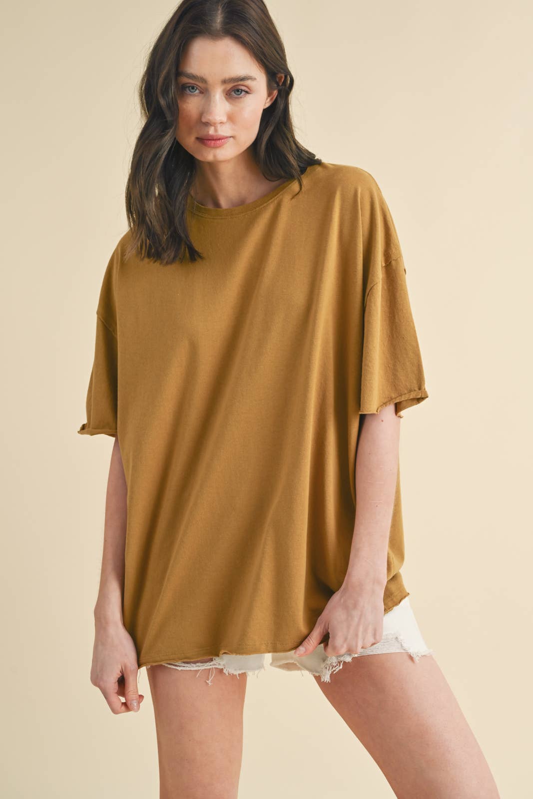 oversized cotton t shirt, raw hem tee, relaxed fit t shirt, mustard oversized tee, everyday cotton shirt, loose fit basic tee, casual summer t shirt, women's oversized crew neck tee, comfortable cotton basic, boyfriend fit t shirt