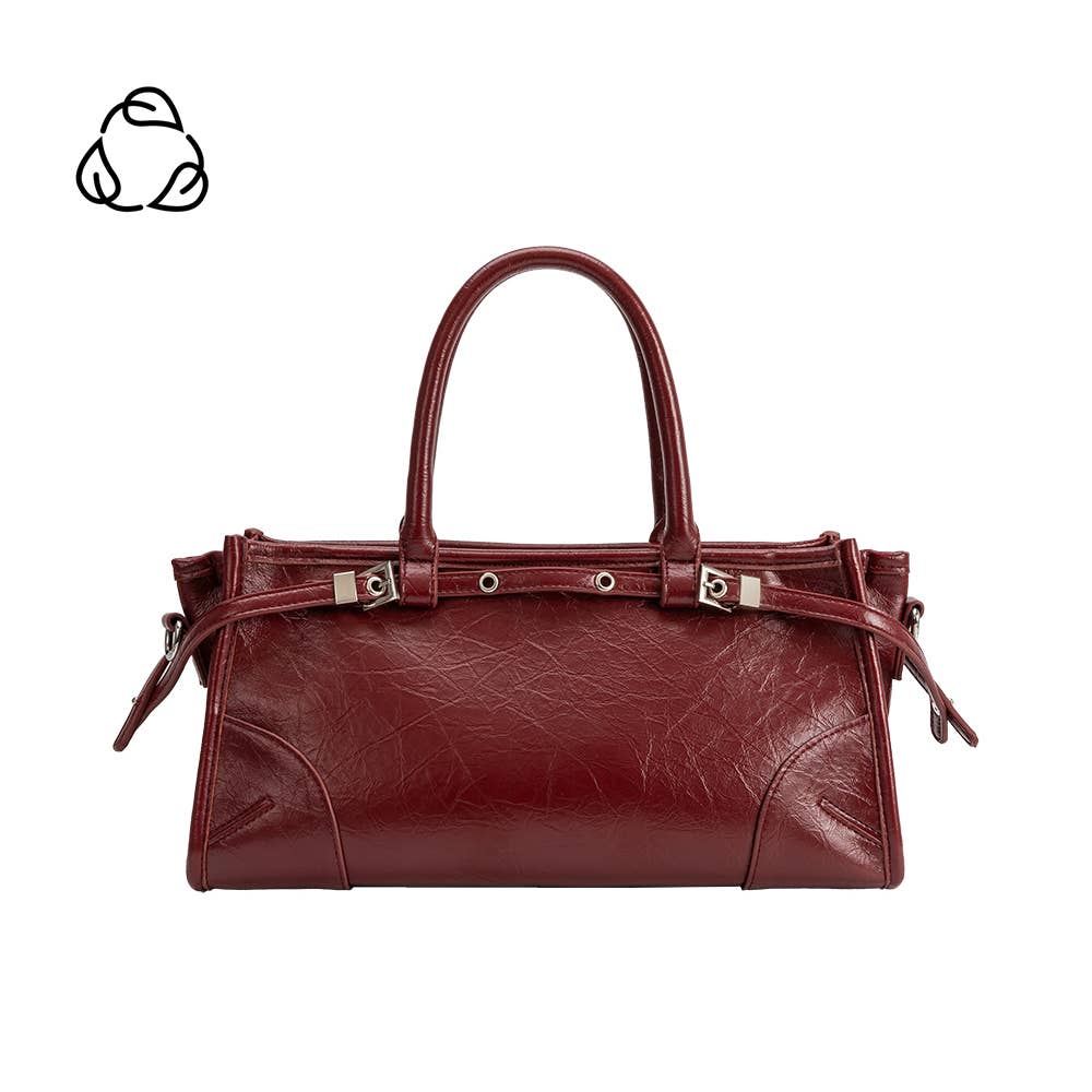 burgundy handbag, cranberry purse, vegan leather handbag, recycled vegan leather bag, burgundy top handle bag, structured handbag, burgundy crossbody bag, vintage inspired purse, sustainable handbag, cruelty free handbag, silver hardware purse, Melie Bianco handbag, fall handbag, women's boutique accessories