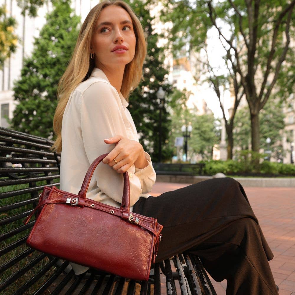 burgundy handbag, cranberry purse, vegan leather handbag, recycled vegan leather bag, burgundy top handle bag, structured handbag, burgundy crossbody bag, vintage inspired purse, sustainable handbag, cruelty free handbag, silver hardware purse, Melie Bianco handbag, fall handbag, women's boutique accessories