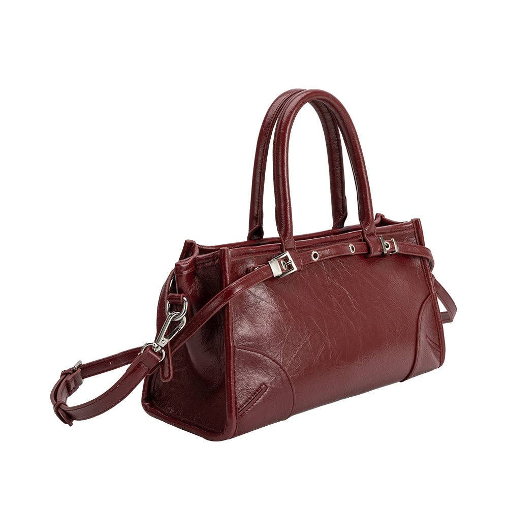 burgundy handbag, cranberry purse, vegan leather handbag, recycled vegan leather bag, burgundy top handle bag, structured handbag, burgundy crossbody bag, vintage inspired purse, sustainable handbag, cruelty free handbag, silver hardware purse, Melie Bianco handbag, fall handbag, women's boutique accessories