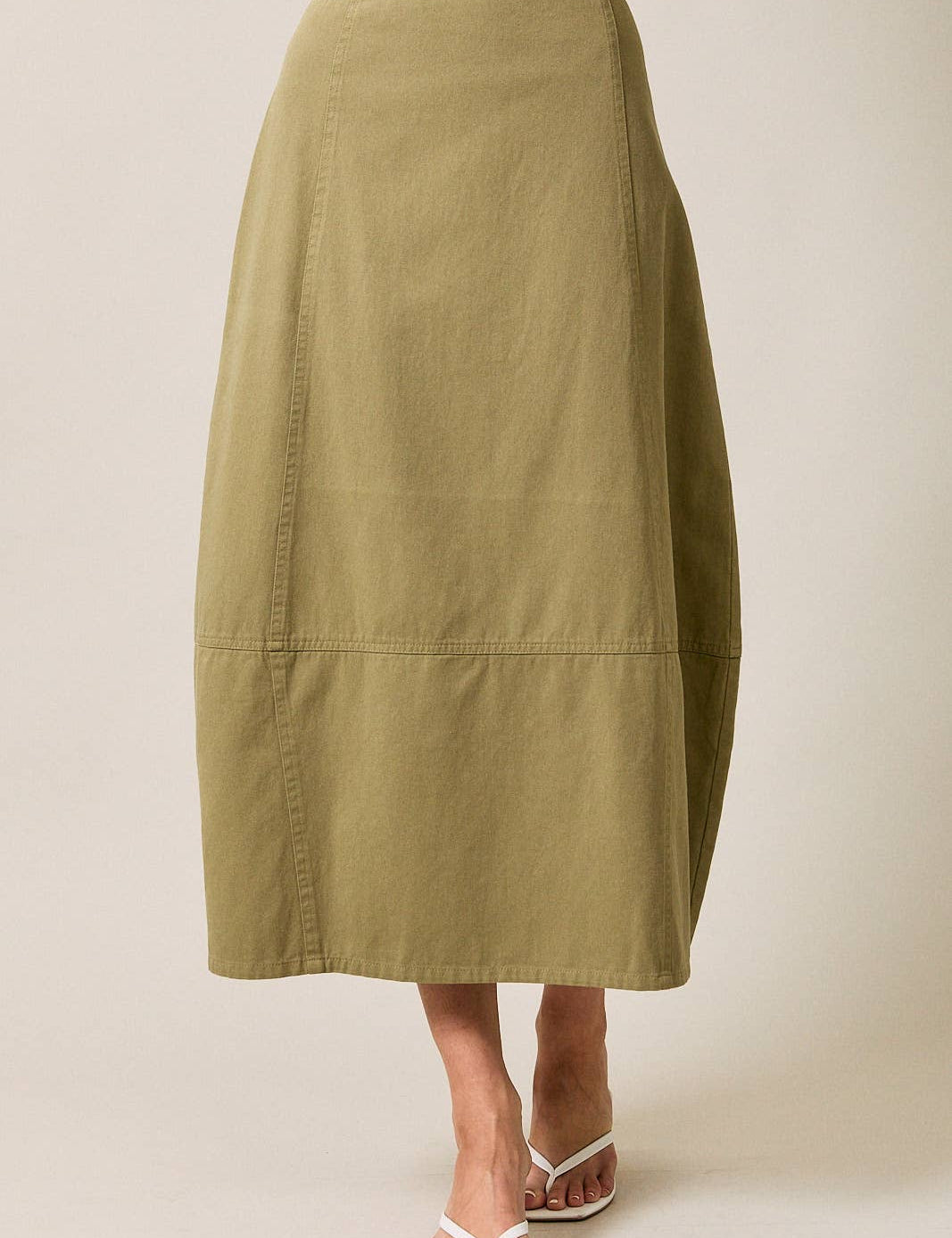 olive cotton twill barrel midi skirt, women's utility midi skirt, casual olive skirt, modern barrel silhouette skirt, everyday cotton twill skirt, modest midi skirt, fall wardrobe staple, Appalachian style clothing, West of May boutique