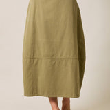 olive cotton twill barrel midi skirt, women's utility midi skirt, casual olive skirt, modern barrel silhouette skirt, everyday cotton twill skirt, modest midi skirt, fall wardrobe staple, Appalachian style clothing, West of May boutique