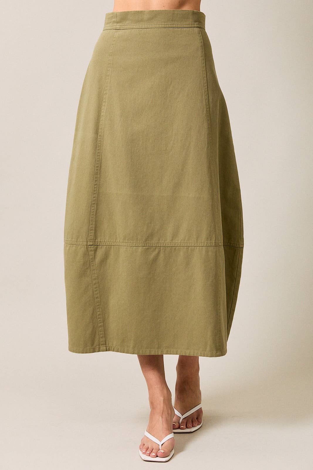 olive cotton twill barrel midi skirt, women's utility midi skirt, casual olive skirt, modern barrel silhouette skirt, everyday cotton twill skirt, modest midi skirt, fall wardrobe staple, Appalachian style clothing, West of May boutique