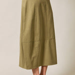 olive cotton twill barrel midi skirt, women's utility midi skirt, casual olive skirt, modern barrel silhouette skirt, everyday cotton twill skirt, modest midi skirt, fall wardrobe staple, Appalachian style clothing, West of May boutique