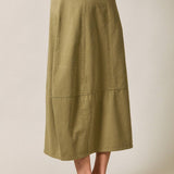 olive cotton twill barrel midi skirt, women's utility midi skirt, casual olive skirt, modern barrel silhouette skirt, everyday cotton twill skirt, modest midi skirt, fall wardrobe staple, Appalachian style clothing, West of May boutique