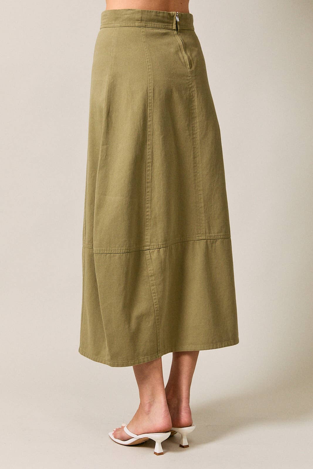 olive cotton twill barrel midi skirt, women's utility midi skirt, casual olive skirt, modern barrel silhouette skirt, everyday cotton twill skirt, modest midi skirt, fall wardrobe staple, Appalachian style clothing, West of May boutique