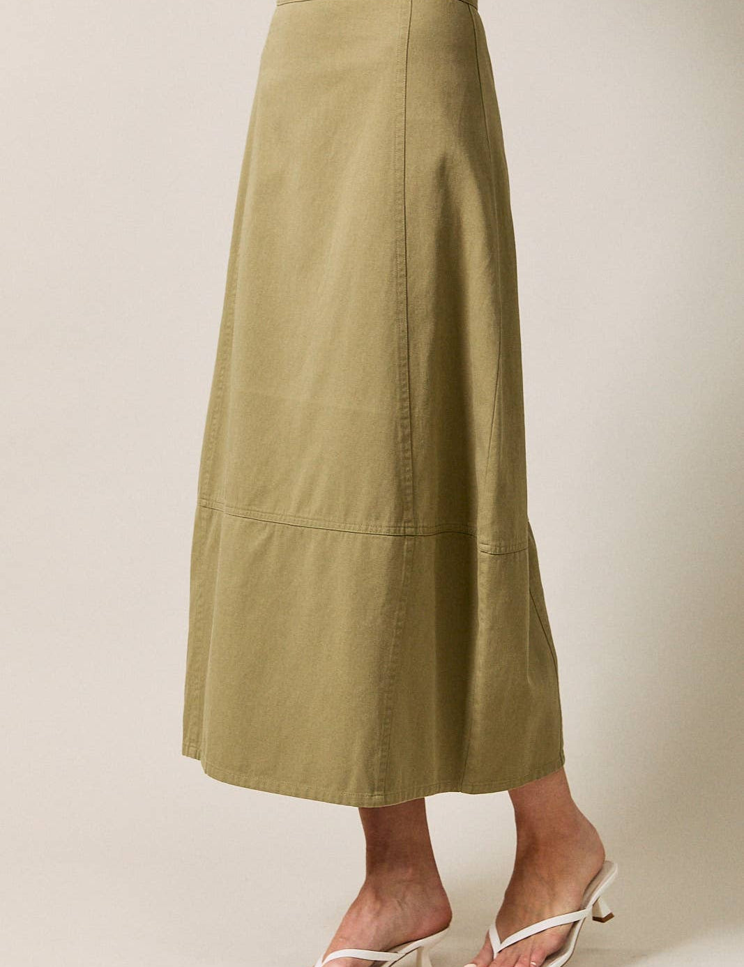 olive cotton twill barrel midi skirt, women's utility midi skirt, casual olive skirt, modern barrel silhouette skirt, everyday cotton twill skirt, modest midi skirt, fall wardrobe staple, Appalachian style clothing, West of May boutique