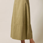 olive cotton twill barrel midi skirt, women's utility midi skirt, casual olive skirt, modern barrel silhouette skirt, everyday cotton twill skirt, modest midi skirt, fall wardrobe staple, Appalachian style clothing, West of May boutique