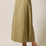 olive cotton twill barrel midi skirt, women's utility midi skirt, casual olive skirt, modern barrel silhouette skirt, everyday cotton twill skirt, modest midi skirt, fall wardrobe staple, Appalachian style clothing, West of May boutique
