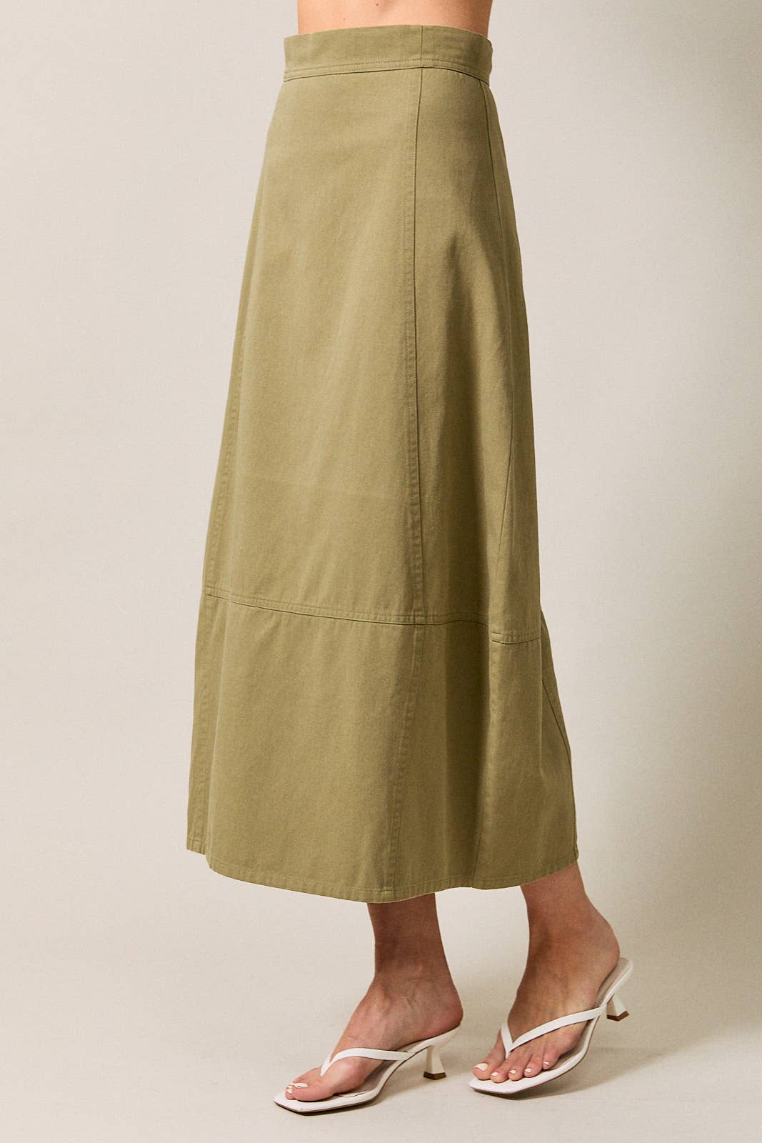 olive cotton twill barrel midi skirt, women's utility midi skirt, casual olive skirt, modern barrel silhouette skirt, everyday cotton twill skirt, modest midi skirt, fall wardrobe staple, Appalachian style clothing, West of May boutique