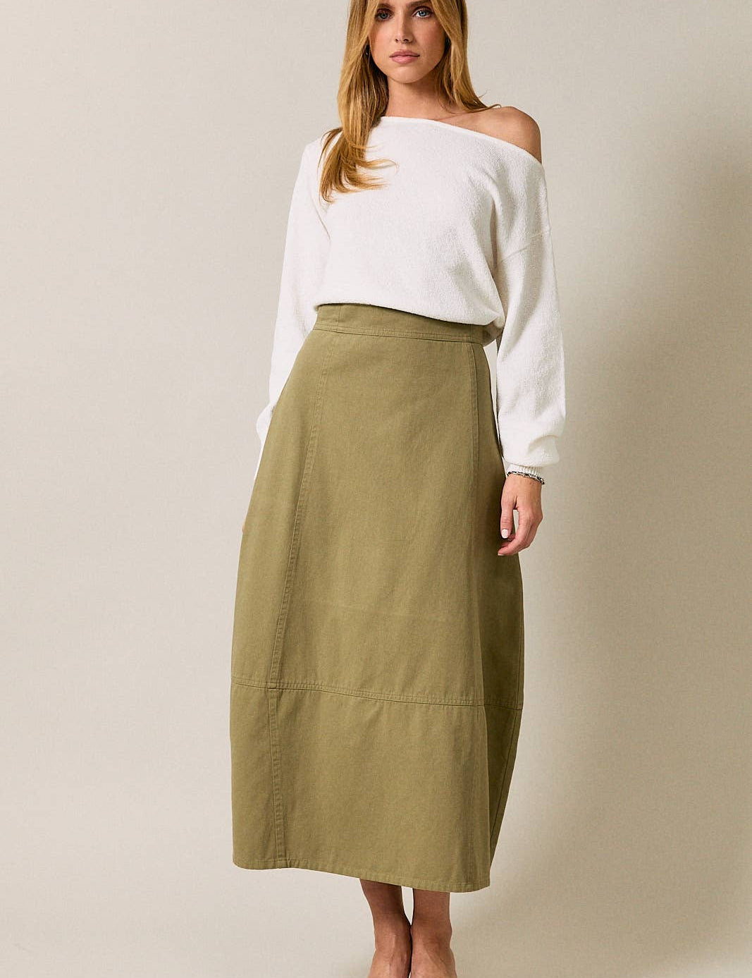 olive cotton twill barrel midi skirt, women's utility midi skirt, casual olive skirt, modern barrel silhouette skirt, everyday cotton twill skirt, modest midi skirt, fall wardrobe staple, Appalachian style clothing, West of May boutique