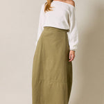 olive cotton twill barrel midi skirt, women's utility midi skirt, casual olive skirt, modern barrel silhouette skirt, everyday cotton twill skirt, modest midi skirt, fall wardrobe staple, Appalachian style clothing, West of May boutique