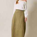 olive cotton twill barrel midi skirt, women's utility midi skirt, casual olive skirt, modern barrel silhouette skirt, everyday cotton twill skirt, modest midi skirt, fall wardrobe staple, Appalachian style clothing, West of May boutique