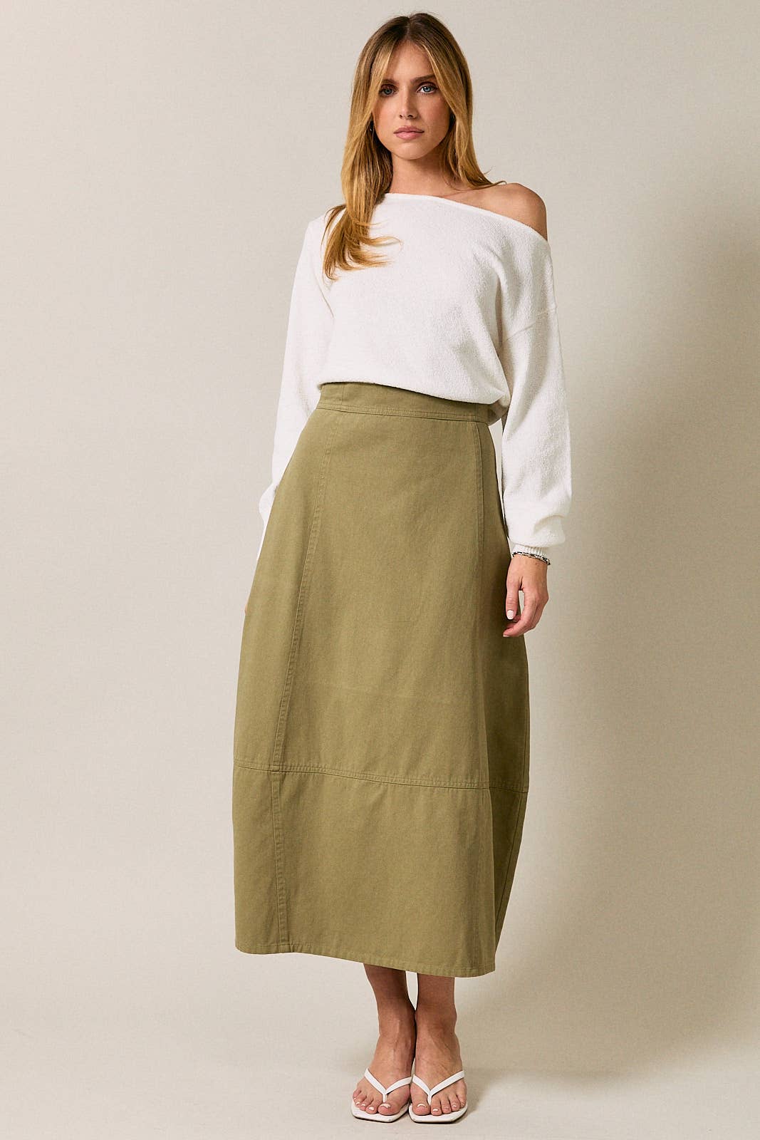 olive cotton twill barrel midi skirt, women's utility midi skirt, casual olive skirt, modern barrel silhouette skirt, everyday cotton twill skirt, modest midi skirt, fall wardrobe staple, Appalachian style clothing, West of May boutique