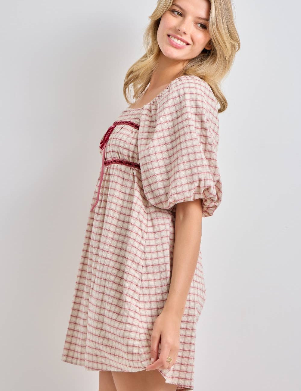 plaid mini dress, plaid puff sleeve dress, square neck plaid dress, pink plaid dress, cottagecore mini dress, empire waist dress, velvet ribbon dress, fall plaid dress, women's boutique dress, plus size plaid dress, feminine fall dress, west of may boutique