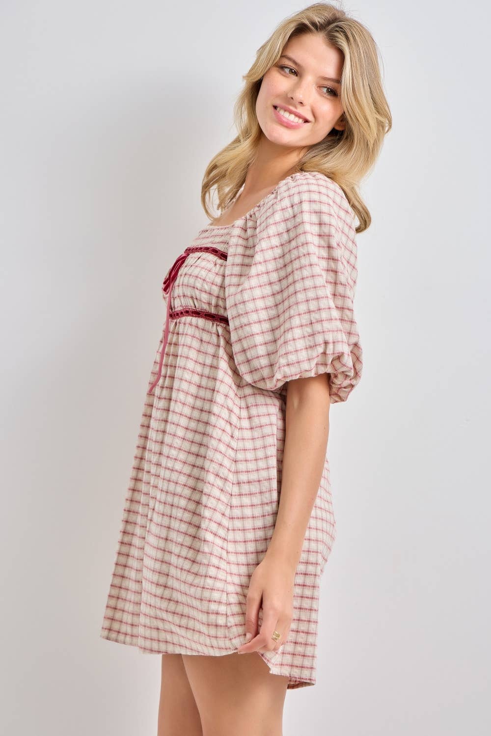 plaid mini dress, plaid puff sleeve dress, square neck plaid dress, pink plaid dress, cottagecore mini dress, empire waist dress, velvet ribbon dress, fall plaid dress, women's boutique dress, plus size plaid dress, feminine fall dress, west of may boutique