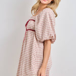 plaid mini dress, plaid puff sleeve dress, square neck plaid dress, pink plaid dress, cottagecore mini dress, empire waist dress, velvet ribbon dress, fall plaid dress, women's boutique dress, plus size plaid dress, feminine fall dress, west of may boutique
