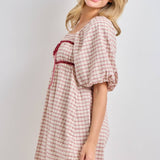 plaid mini dress, plaid puff sleeve dress, square neck plaid dress, pink plaid dress, cottagecore mini dress, empire waist dress, velvet ribbon dress, fall plaid dress, women's boutique dress, plus size plaid dress, feminine fall dress, west of may boutique