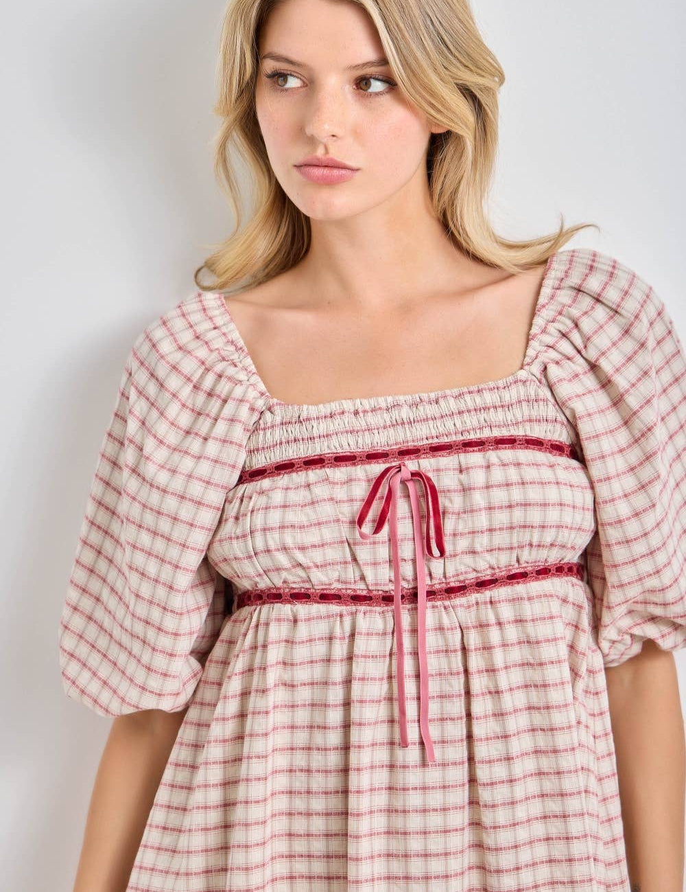 plaid mini dress, plaid puff sleeve dress, square neck plaid dress, pink plaid dress, cottagecore mini dress, empire waist dress, velvet ribbon dress, fall plaid dress, women's boutique dress, plus size plaid dress, feminine fall dress, west of may boutique