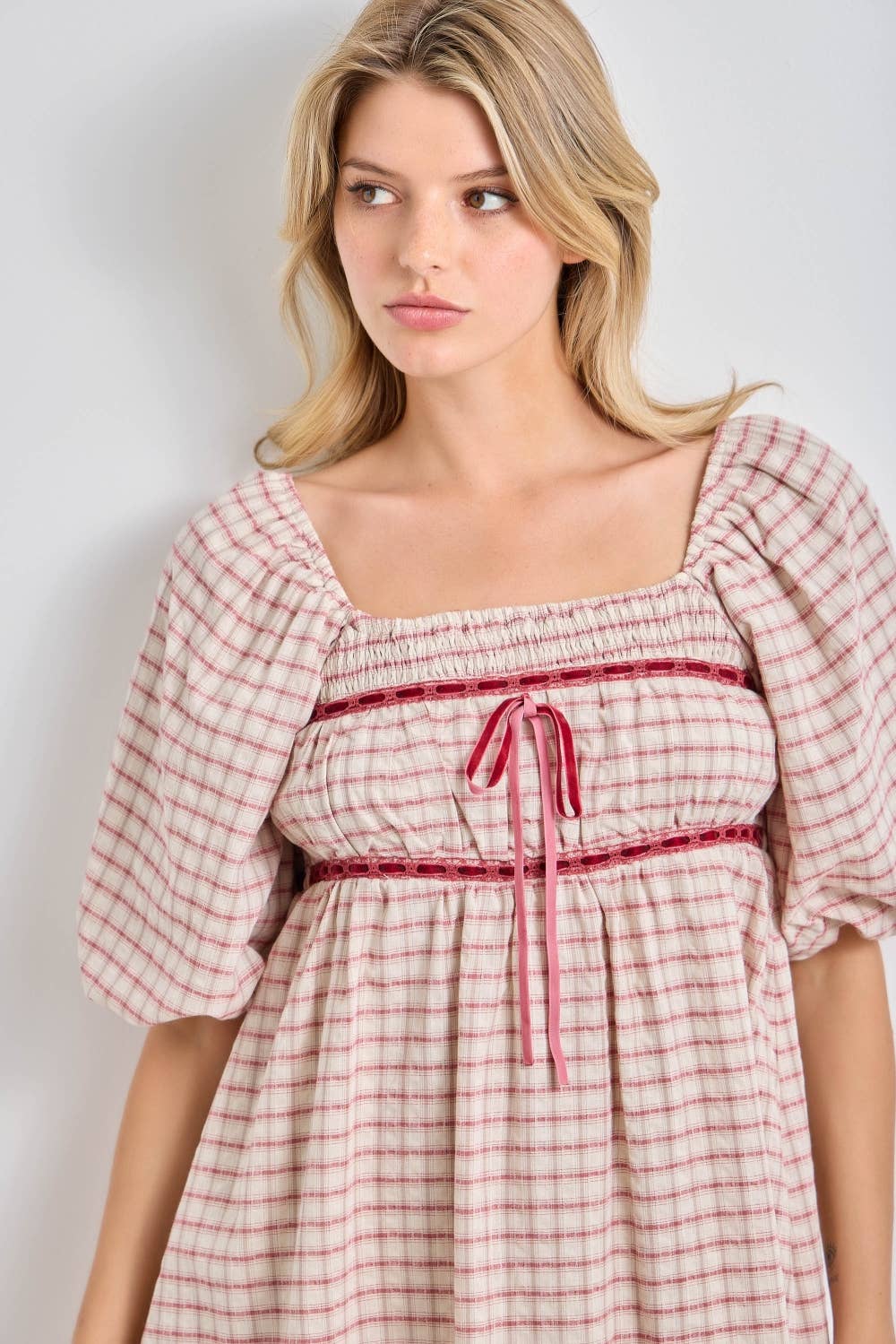plaid mini dress, plaid puff sleeve dress, square neck plaid dress, pink plaid dress, cottagecore mini dress, empire waist dress, velvet ribbon dress, fall plaid dress, women's boutique dress, plus size plaid dress, feminine fall dress, west of may boutique