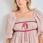 plaid mini dress, plaid puff sleeve dress, square neck plaid dress, pink plaid dress, cottagecore mini dress, empire waist dress, velvet ribbon dress, fall plaid dress, women's boutique dress, plus size plaid dress, feminine fall dress, west of may boutique