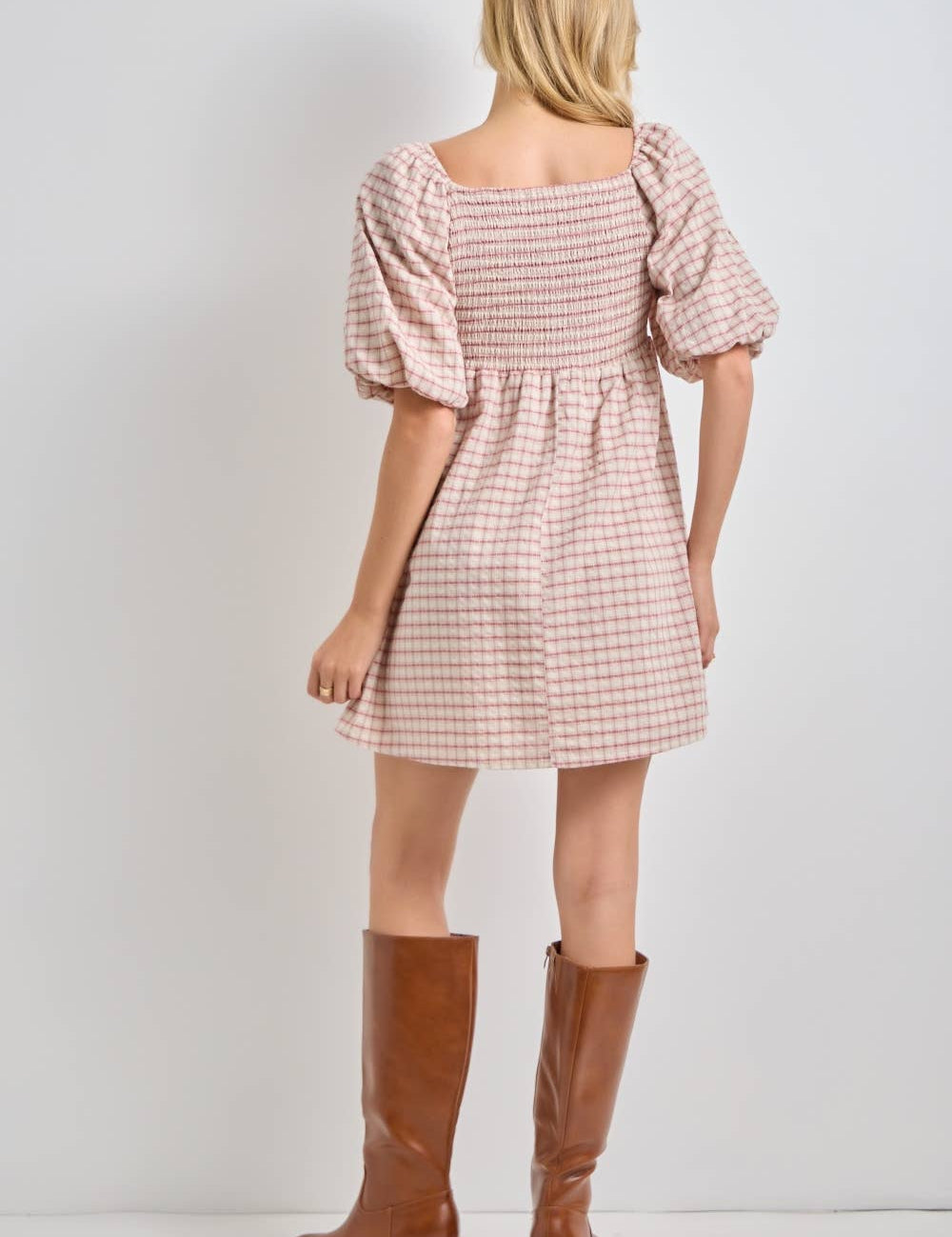 plaid mini dress, plaid puff sleeve dress, square neck plaid dress, pink plaid dress, cottagecore mini dress, empire waist dress, velvet ribbon dress, fall plaid dress, women's boutique dress, plus size plaid dress, feminine fall dress, west of may boutique