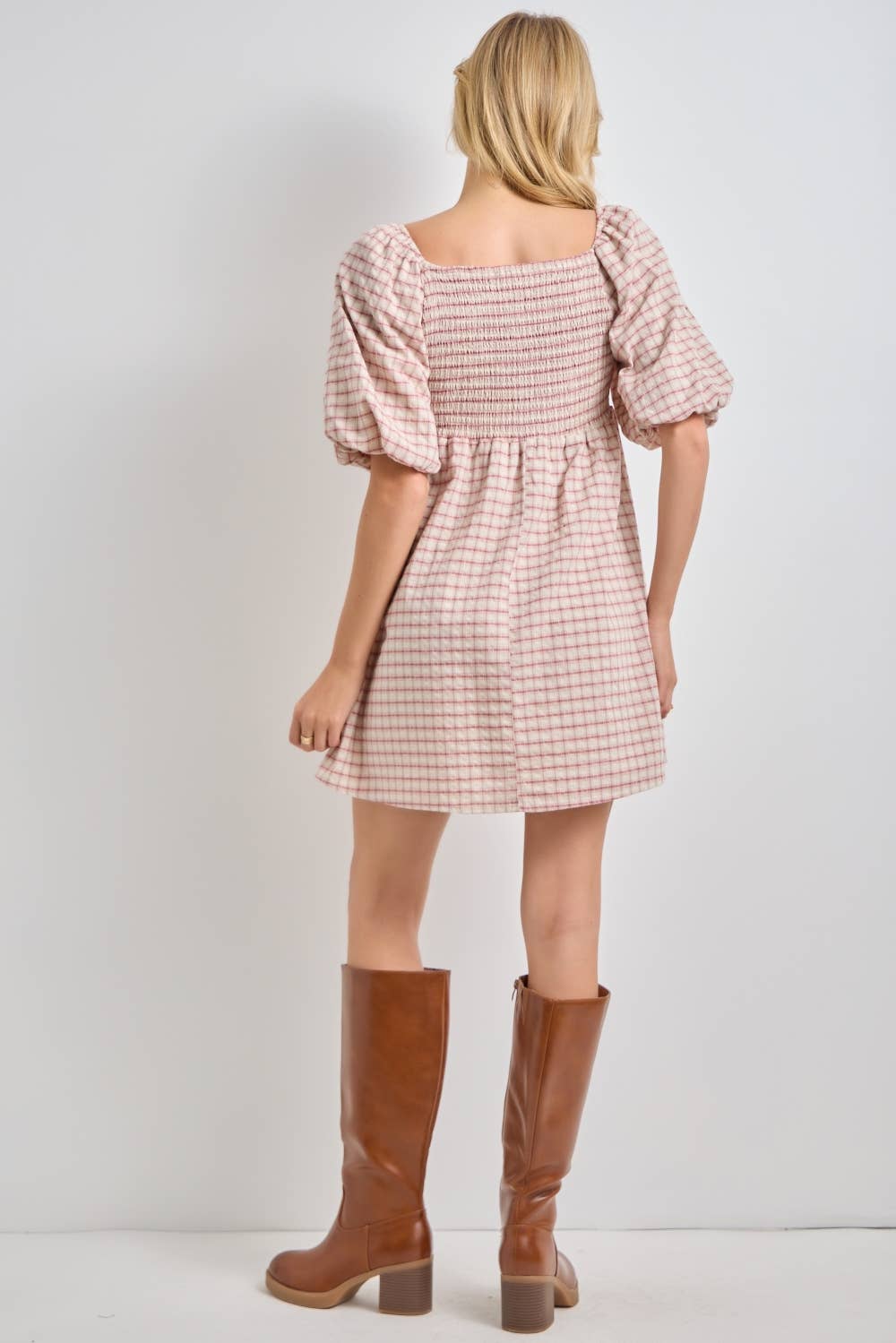 plaid mini dress, plaid puff sleeve dress, square neck plaid dress, pink plaid dress, cottagecore mini dress, empire waist dress, velvet ribbon dress, fall plaid dress, women's boutique dress, plus size plaid dress, feminine fall dress, west of may boutique