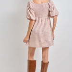 plaid mini dress, plaid puff sleeve dress, square neck plaid dress, pink plaid dress, cottagecore mini dress, empire waist dress, velvet ribbon dress, fall plaid dress, women's boutique dress, plus size plaid dress, feminine fall dress, west of may boutique