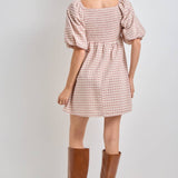 plaid mini dress, plaid puff sleeve dress, square neck plaid dress, pink plaid dress, cottagecore mini dress, empire waist dress, velvet ribbon dress, fall plaid dress, women's boutique dress, plus size plaid dress, feminine fall dress, west of may boutique