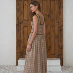 women's brown plaid dress, brown plaid midi dress, brown and cream plaid dress, plaid fall dress, cotton linen midi dress, linen blend fall dress, smocked bodice midi dress, sweetheart neckline dress, western plaid dress, western midi dress, cowgirl fall dress, ranch style dress women, prairie style dress, fall dress with cowboy boots, women's western fall outfit, western women's clothing, western boutique dress, country fall outfit women, women's fall midi dress, brown fall dress, women's boutique fall 