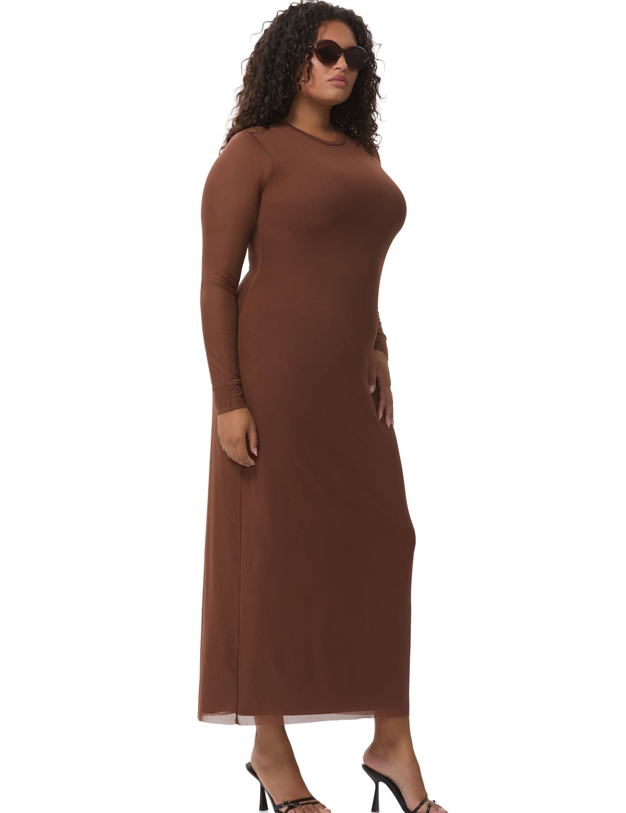 brown bodycon, long sleeve brown body con dress, longsleeve brown dress, tight brown dress, wedding guest dress, mesh stretchy dress, plus size wedding guest dress, plus size bodycon dress, stretchy comfortable date night dress
