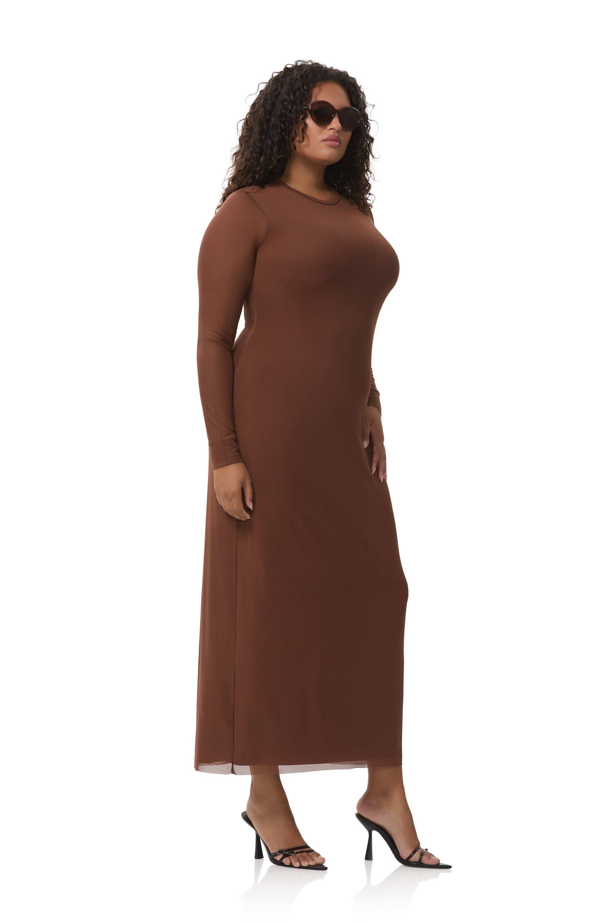 brown bodycon, long sleeve brown body con dress, longsleeve brown dress, tight brown dress, wedding guest dress, mesh stretchy dress, plus size wedding guest dress, plus size bodycon dress, stretchy comfortable date night dress