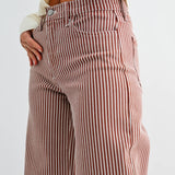 striped wide leg jeans, brown striped jeans, women’s striped denim, high rise wide leg jeans, railroad stripe jeans, vintage inspired jeans, brown denim pants, women’s wide leg pants, fall denim, boutique jeans, western casual denim, full length wide leg jeans