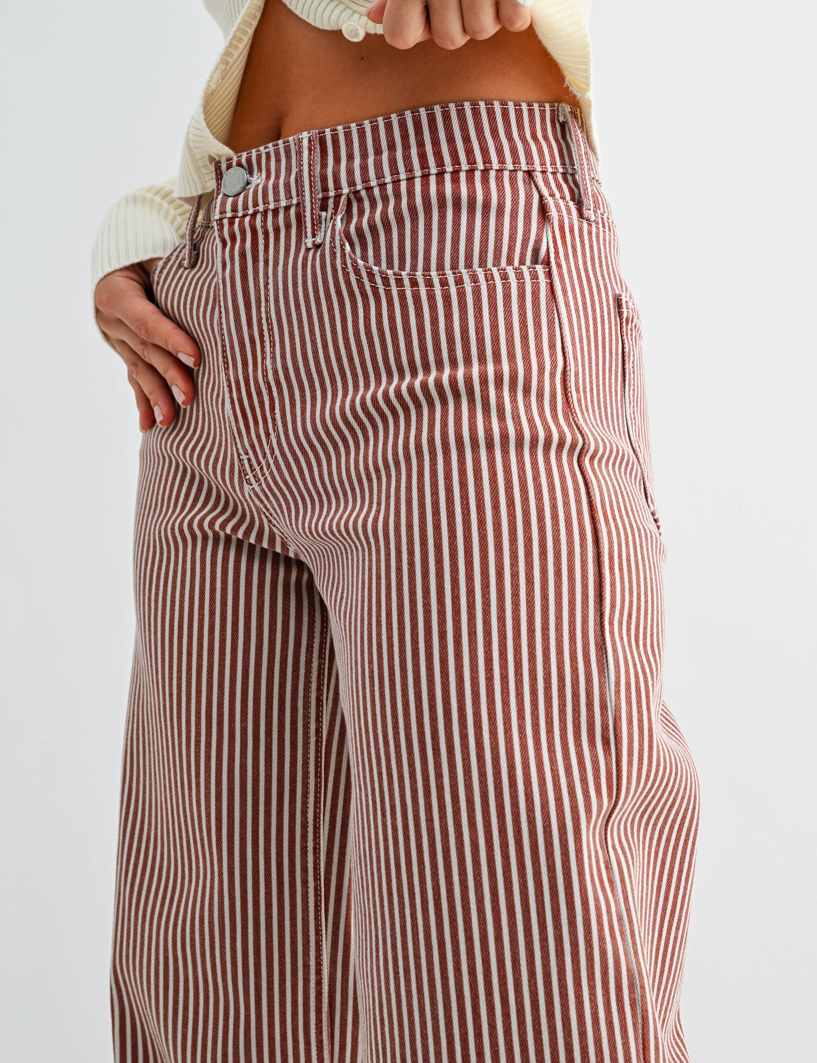 striped wide leg jeans, brown striped jeans, women’s striped denim, high rise wide leg jeans, railroad stripe jeans, vintage inspired jeans, brown denim pants, women’s wide leg pants, fall denim, boutique jeans, western casual denim, full length wide leg jeans
