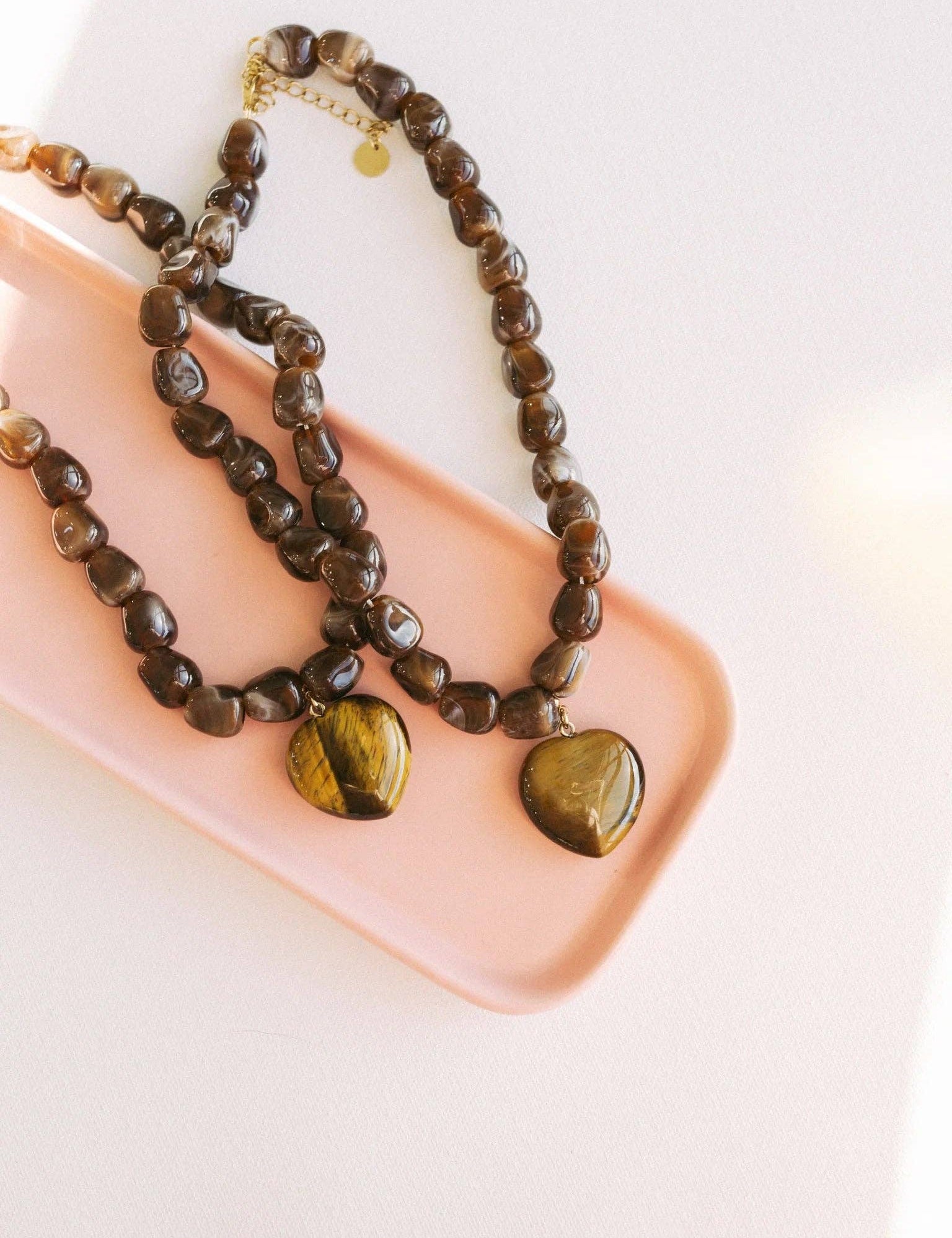 brown beaded necklace, heart pendant necklace, jade stone necklace, chunky bead necklace, brown heart necklace, statement necklace women, vintage inspired jewelry, waterproof necklace, tarnish resistant jewelry, hypoallergenic necklace, fall jewelry, boho jewelry, boutique jewelry