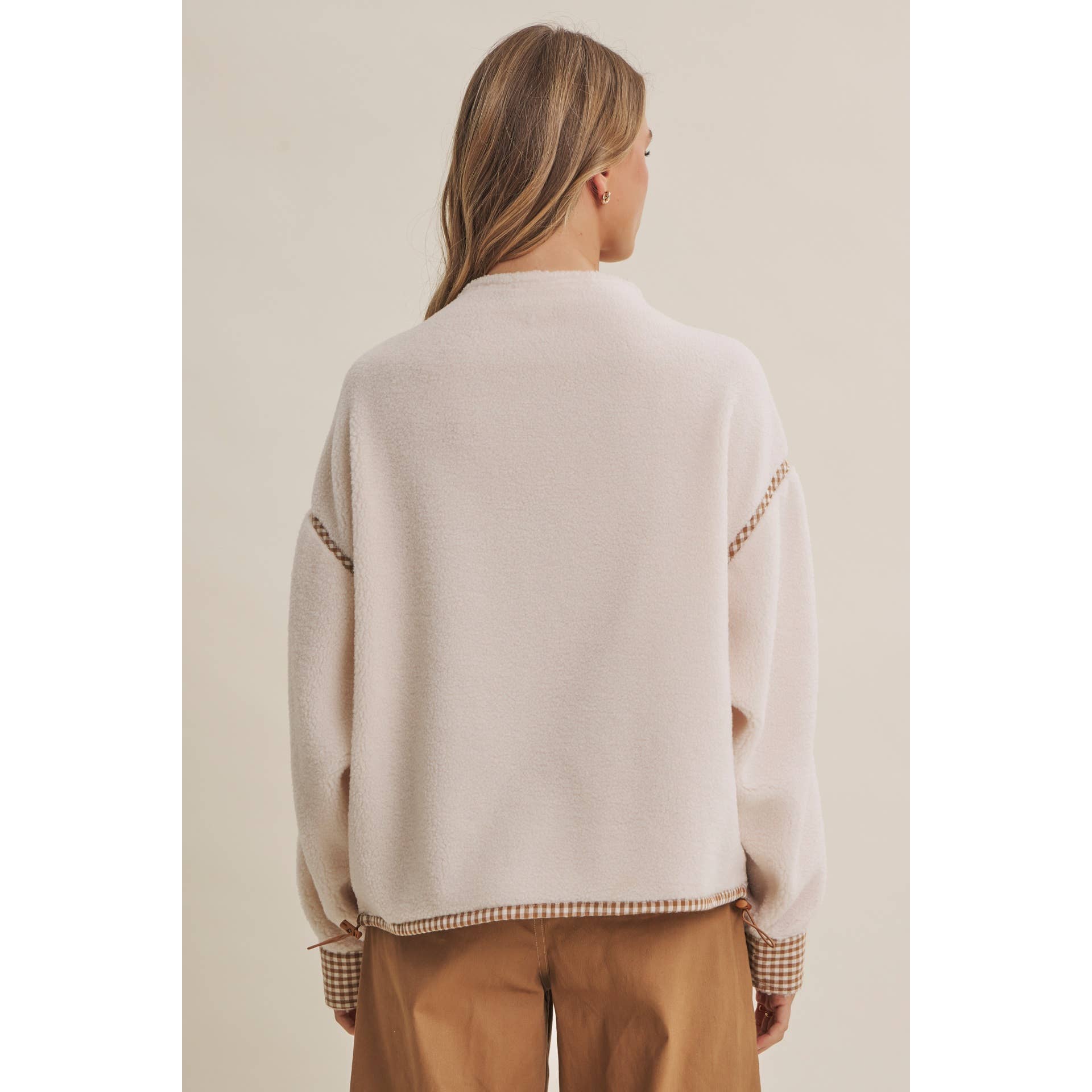 sherpa fleece pullover, women's half zip fleece, gingham sherpa pullover, ivory sherpa fleece, women's fall pullover, cozy fleece pullover, half zip sherpa, brown gingham fleece, women's boutique fall clothing